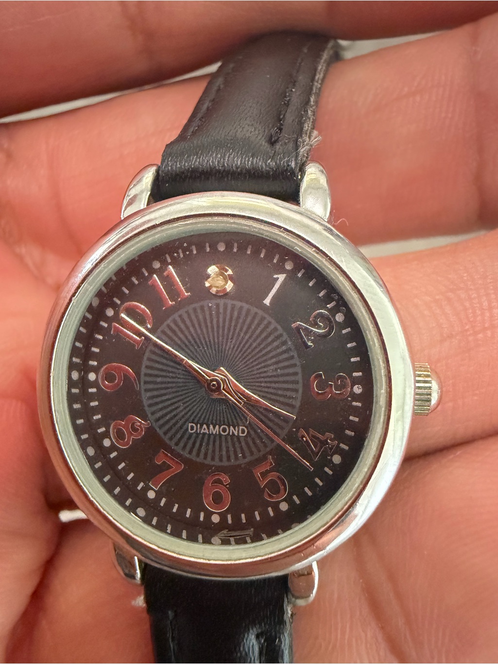 Diamond Dial Black Leather Strap Watch